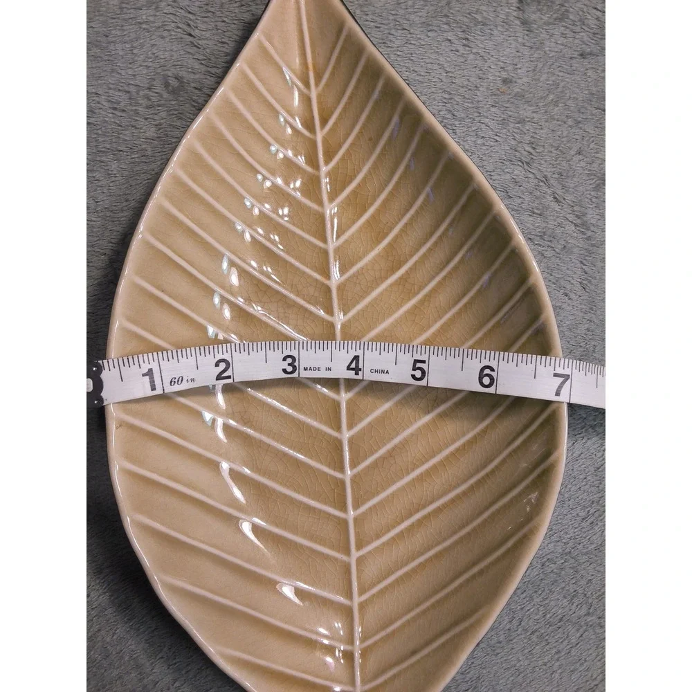 Taupe Leaf Ceramic Serving Dish Crackle Glaze Tan Black 12.5 Inch Platter